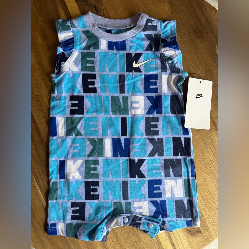 NWT Nike Blue Logo Print Ruffle Romper